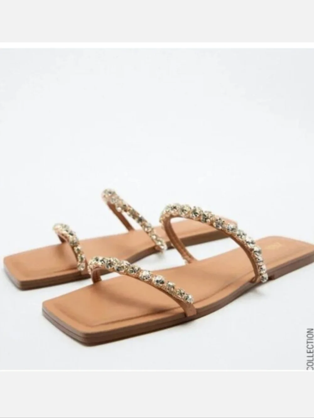 NEW Zara Tan Flat Slide Sandals With Rhinestones - Picture 2 of 8